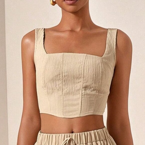 Khaki womens crop top & flowy wide legged pants textured fabric coord set - Picture 6 of 8